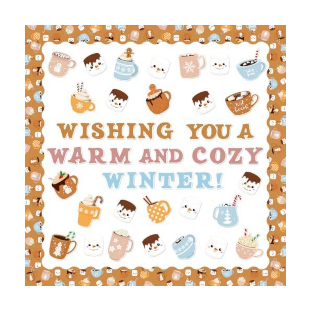 Christmas Winter Bulletin Boards - 115 Pcs Winter Cocoa Mug Marshmallow Design Set with Glue Points, Durable Cardstock & PET Film Protection for Classroom Winter Parties & New Year Xmas Decor