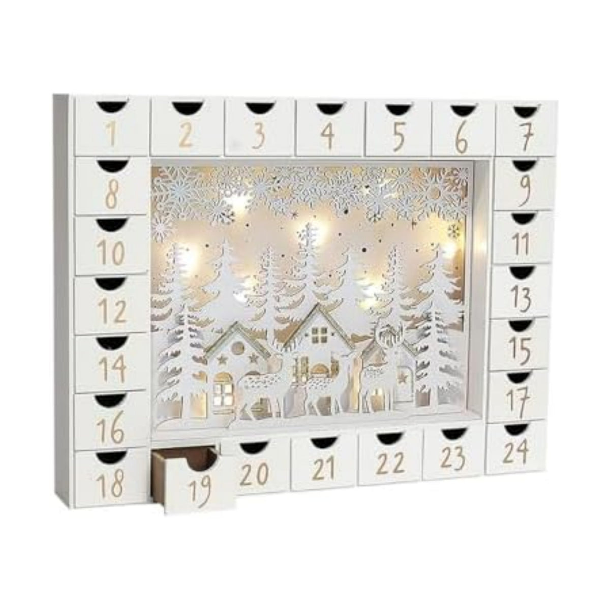 Christmas Wooden Advent Calendar with 24 Drawers to Fill Small Gifts Christmas Scene with LED Lights Countdown to Xmas Tabletop Decoration