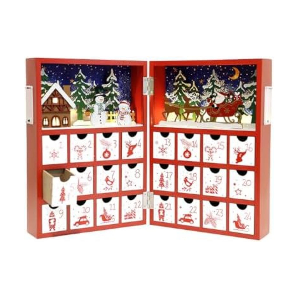 Christmas Wooden Advent Calendar Book with LED lighting Red Color Christmas Snowman & Santa Countdown Holiday Gifts with 24 Drawers Adults Kids Home Decoration