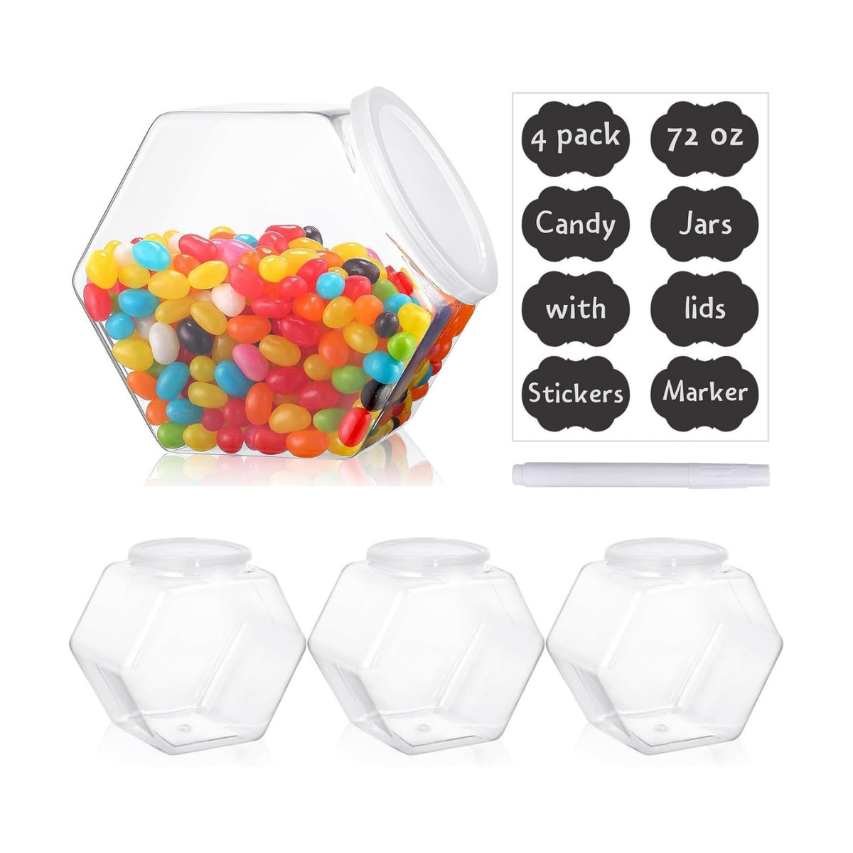 Atarvana Plastic Candy Jars 72oz Set of 4, Hexagon Candy Containers with Airtight Lids for Candy Buffet, Kitchen Storage Containers Set
