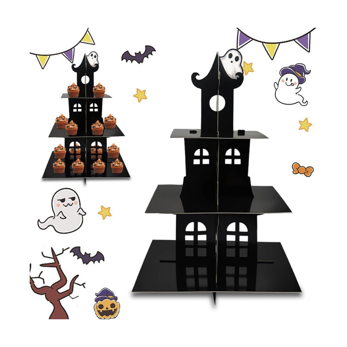 3-Tier Halloween Cupcake Stand Tower Halloween Castle Cake Stand Halloween Round Cardboard Dessert Tower Dessert Tree Tower for Halloween Party Supplies Dessert Serving Tray for Halloween Decorations
