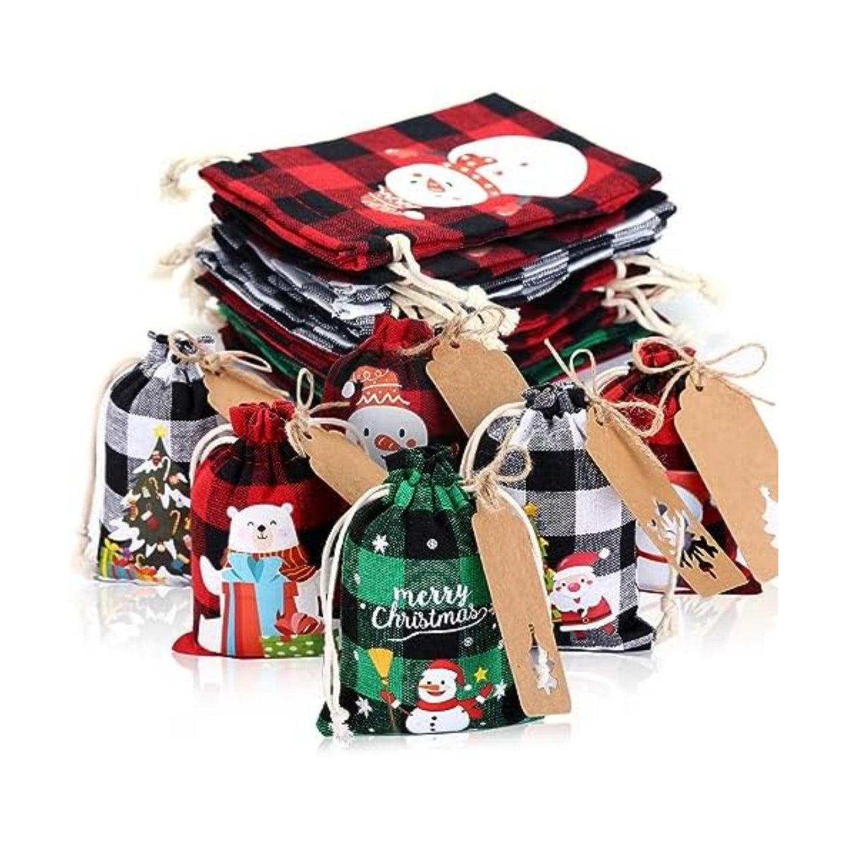 GWHOLE 24pcs Christmas Drawstring Bags - Xmas Goodie Bags for Winter Holiday Party Favor (Snowman - Red, Green, Black)