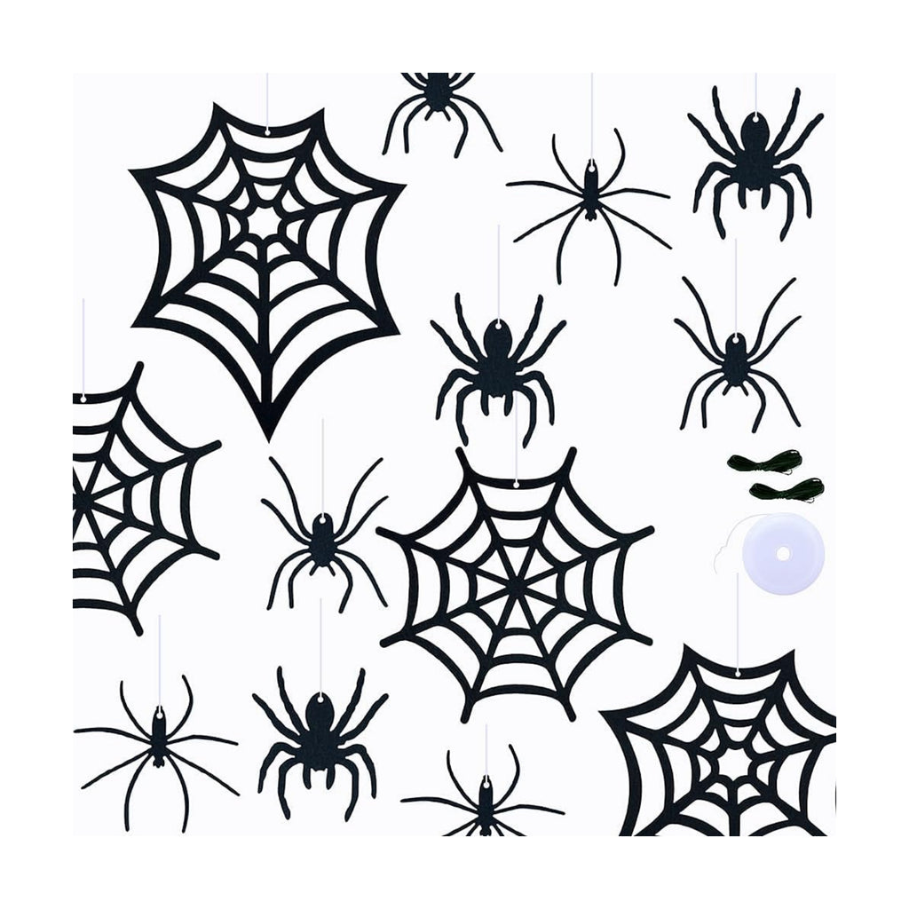SaktopDeco 33 PCS Hanging Spider Decorations Spider Ornament Black Felt Spider Web Halloween Decorations for DIY House Decor