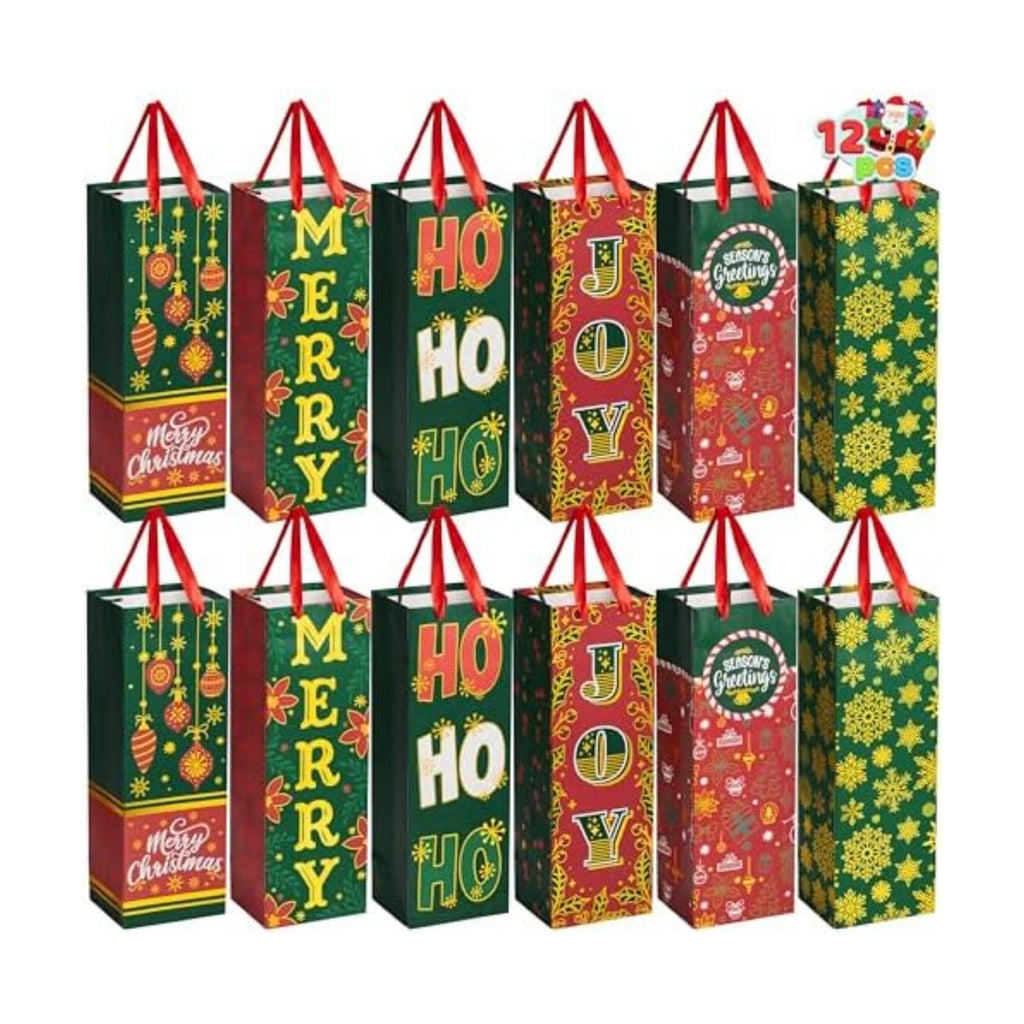 JOYIN 12 PCS Christmas Wine Gift Bags Holiday Wine Bottles Wrap Bags with Handles for Gift Wrap,Winter Holiday Anniversary Engagement Thanksgiving Home Table Decoration (14” x 5” x 4.75”)