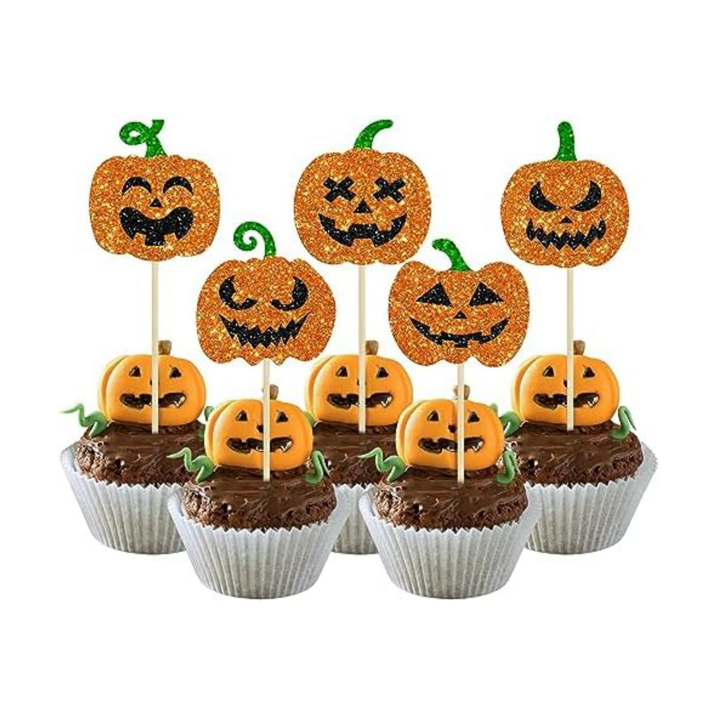Gyufise 30Pcs Halloween Pumpkin Cupcake Toppers Glitter Jack-O-Lantern Halloween Cupcake Picks for Kids Birthday Festival Party Cake Decorations Supplies