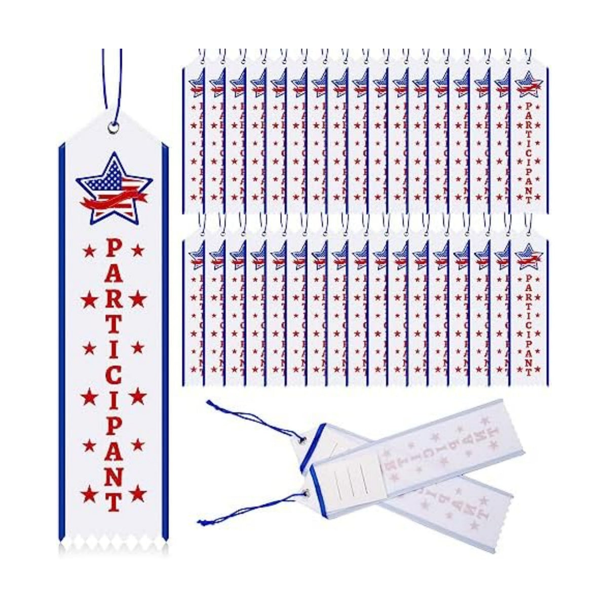 Crowye 100 Pcs Participant Award Ribbons with Card String Patriotic Red White and Blue Participation School Field Day Award Ribbons for Sports Team Competition Office Event 250th Commemorative Party