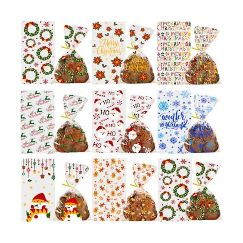 DULEFUN 160PCS Christmas Cellophane Treat Bags 8 Styles with Twist Ties
