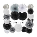 Black White Silver Party Decorations - 20pcs New Year Men Birthday Paper Lanterns Fans,Tissue Pom Poms,Honeycomb Balls,Bunting,Wedding Bachelorette Bridal Graduation Baby Decor Burgleda