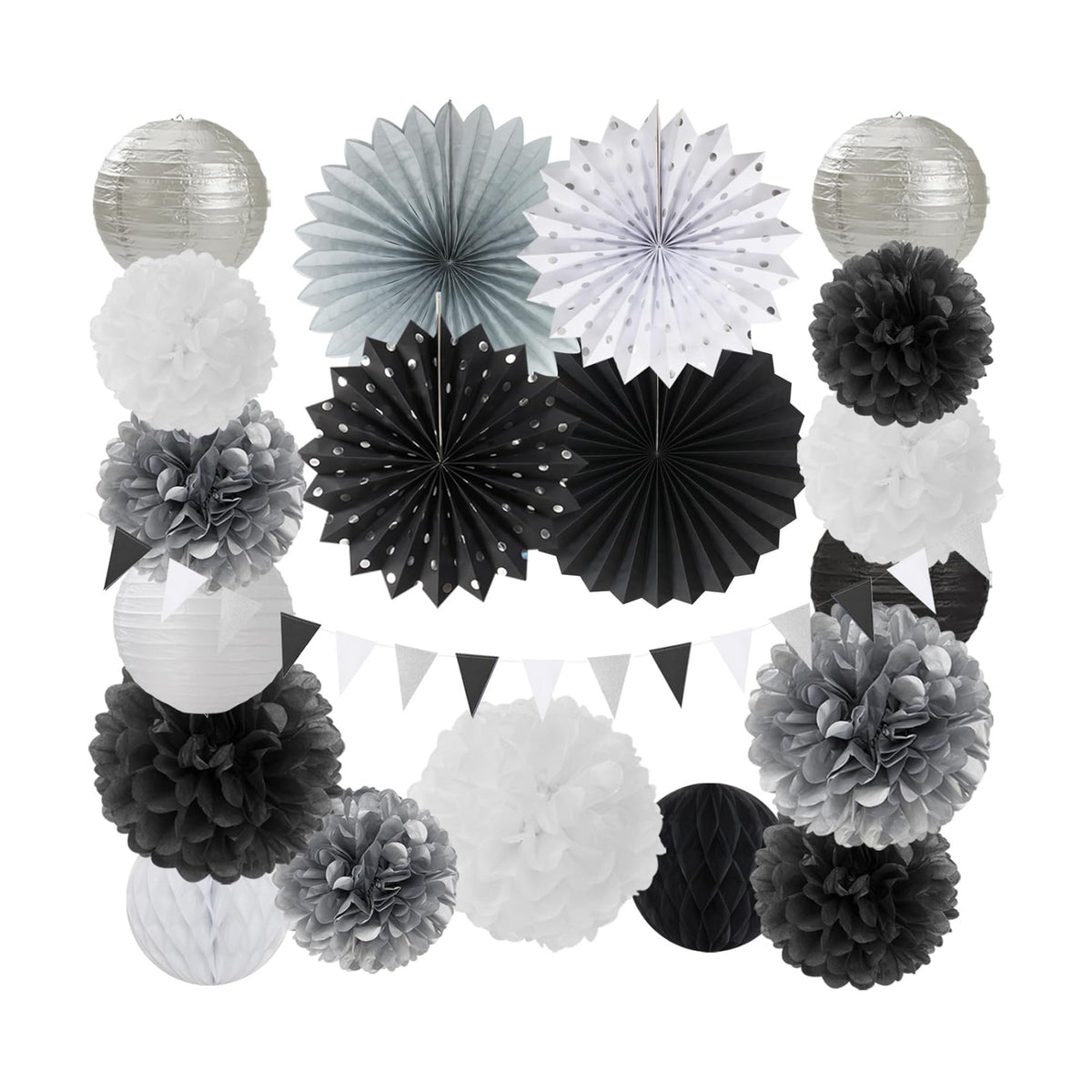 Black White Silver Party Decorations - 20pcs New Year Men Birthday Paper Lanterns Fans,Tissue Pom Poms,Honeycomb Balls,Bunting,Wedding Bachelorette Bridal Graduation Baby Decor Burgleda