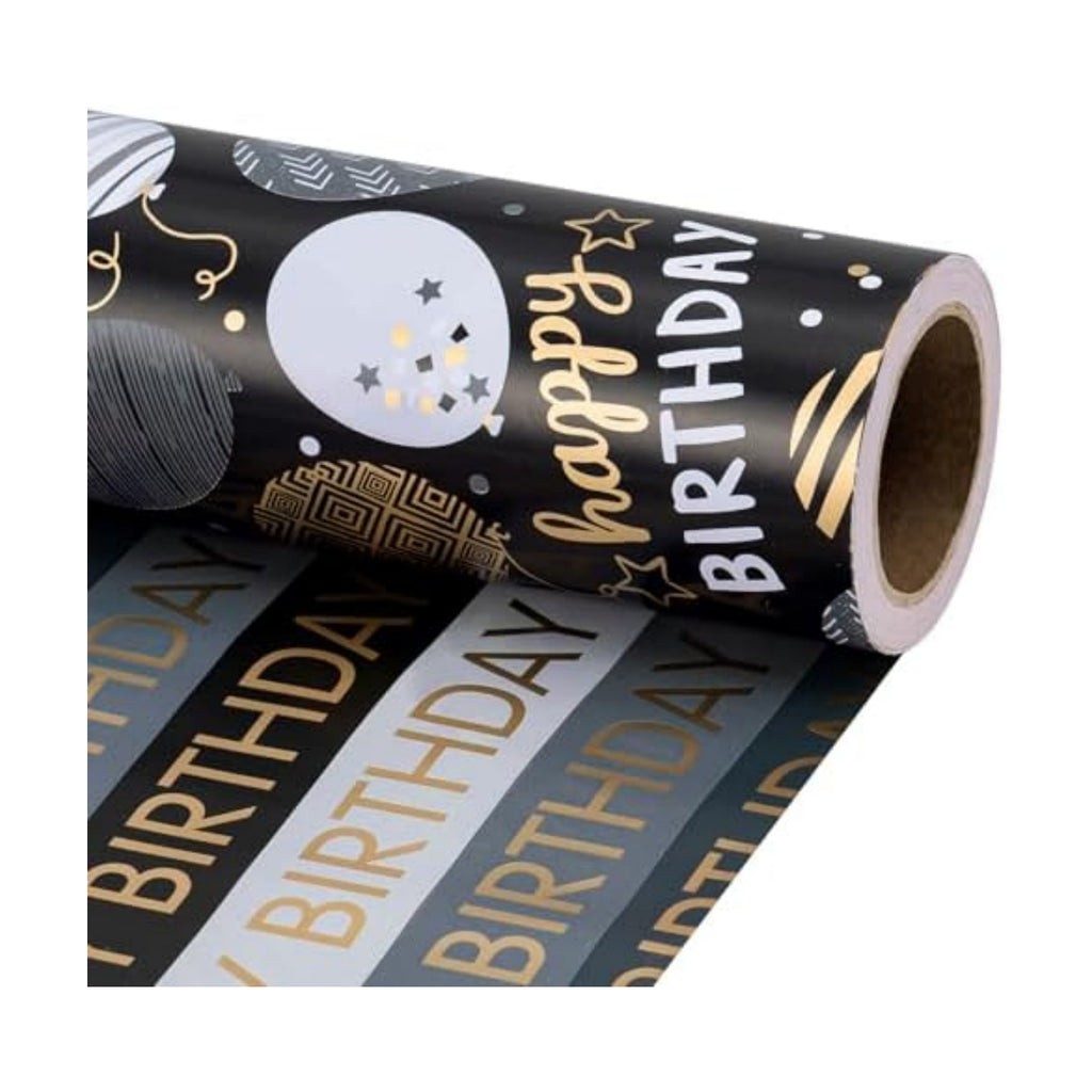 RUSPEPA Reversible Birthday Wrapping Paper Roll, Mini Roll, Black Gold Foil Happy Birthday Balloon & Stripe Text Design Gift Wrap Paper for Men, Boy, Adults, Party Celebration, 17.5 Inches x 32.8 Feet