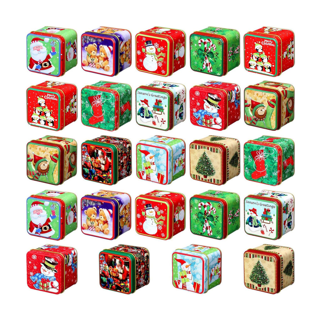 Domensi 24 Pcs Christmas Cookie Tins with Lids Square Candy Metal Cookie Tins Empty Retro Xmas Metal Gift Box Large Capacity Xmas Tin Containers for Holiday Storing Cookies Candies Treat (square)