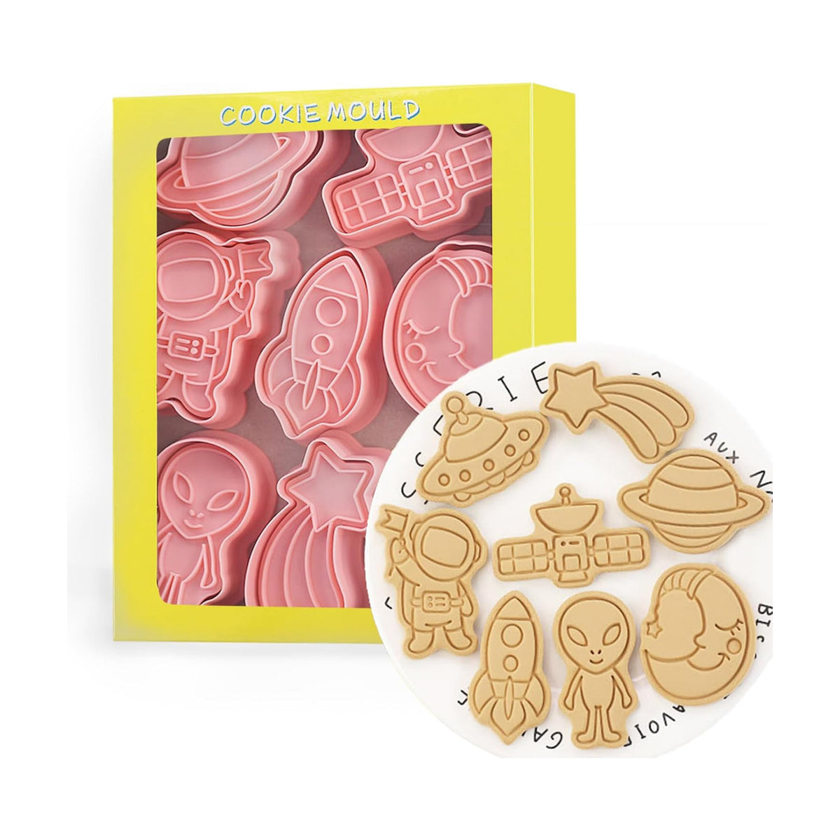 Outer-Space Cookie Cutters Set, 8-PCS 3D Astronaut, Alien, UFO, Satellite, Rocket, Moon, Meteor, Planet Cookie Cutters for Party Baking