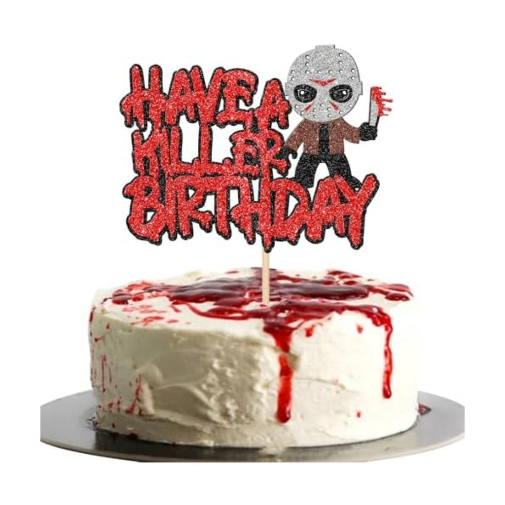 1 PCS Have a Killer Birthday Cake Topper - Glitter Horror Classic Halloween Cake Pick for Bloody Horror Theme Party Cake Decorations Supplies