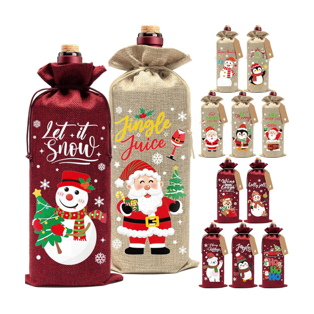 12Pcs Christmas Burlap Wine Bags, Drawstring Wine Gift Bags Bottles Covers