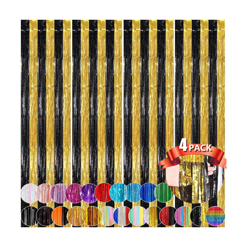 Black Gold Tinsel Backdrop Foil Fringe Curtains, 4 Pack Party Decor