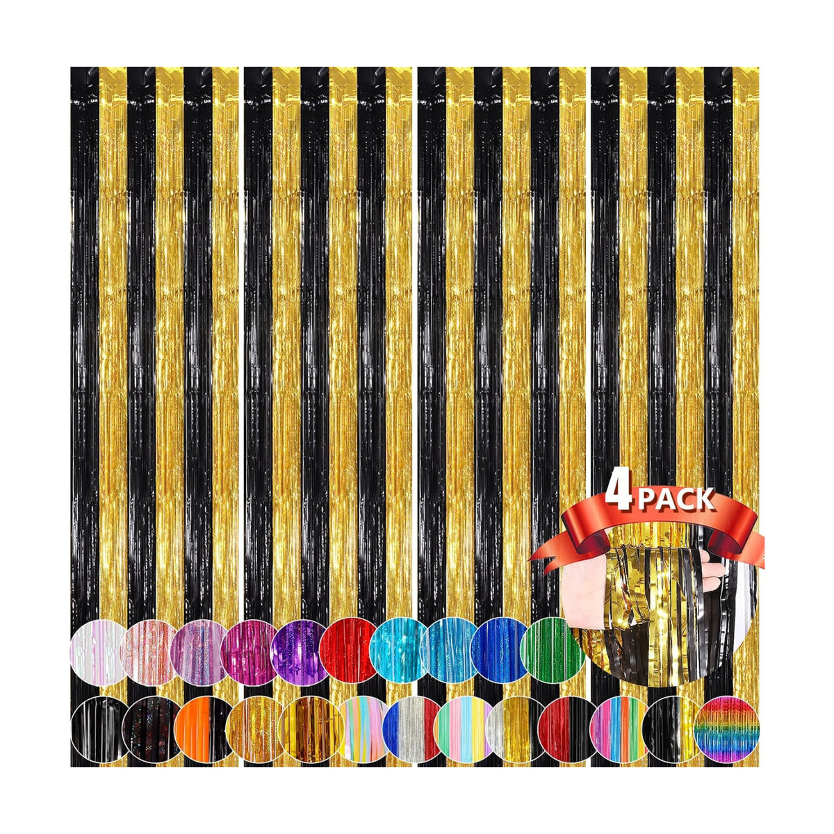 Black Gold Tinsel Backdrop Foil Fringe Curtains, 4 Pack Party Decor