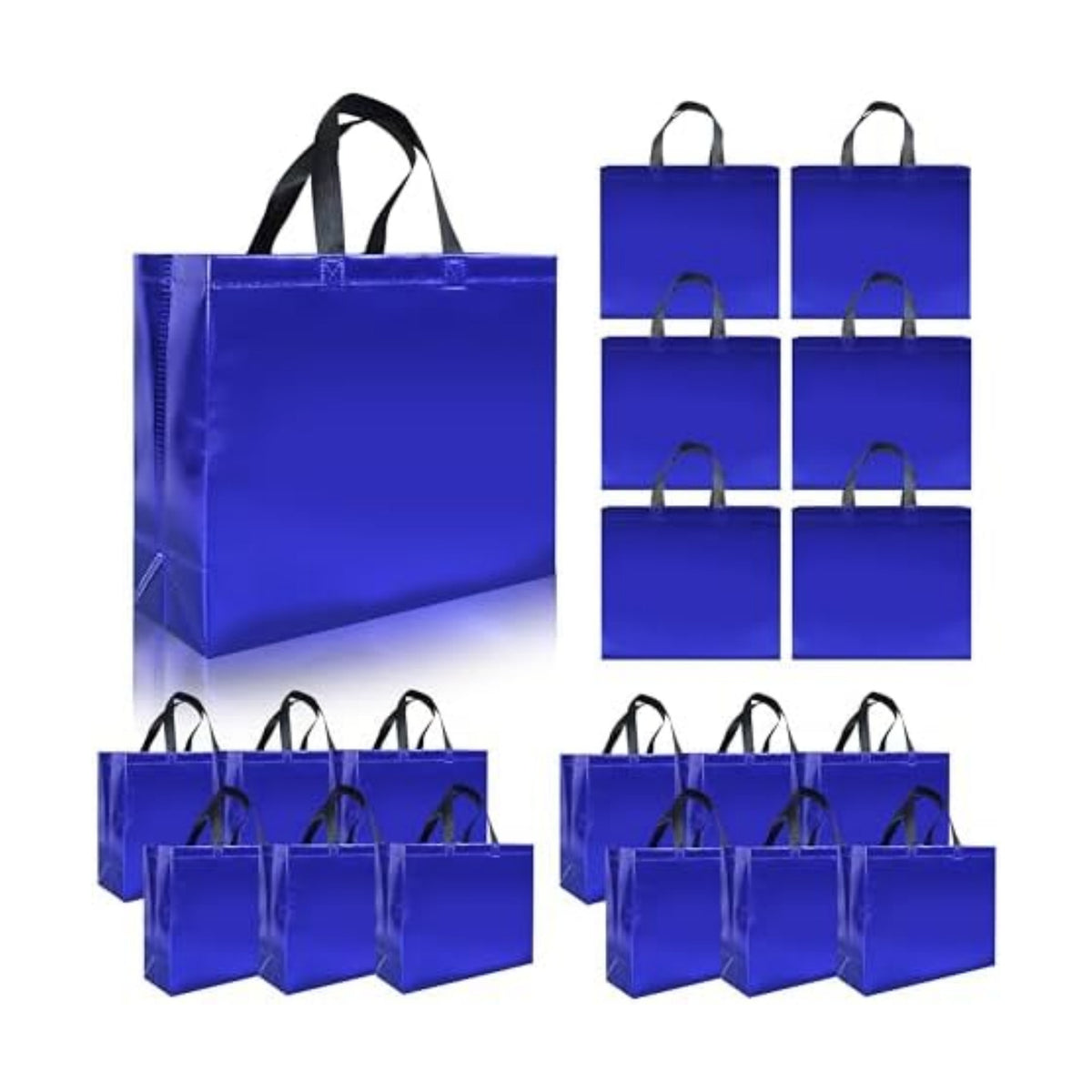 cabzymx 15 Pcs Glossy Blue Reusable Gift Bags with Handles, Party Gift Bags Bulk with Sturdy Bases, Ideal Goodie Bag for Birthday, Wedding, Christmas, Holiday-12.6 x 4.7 x 11 In