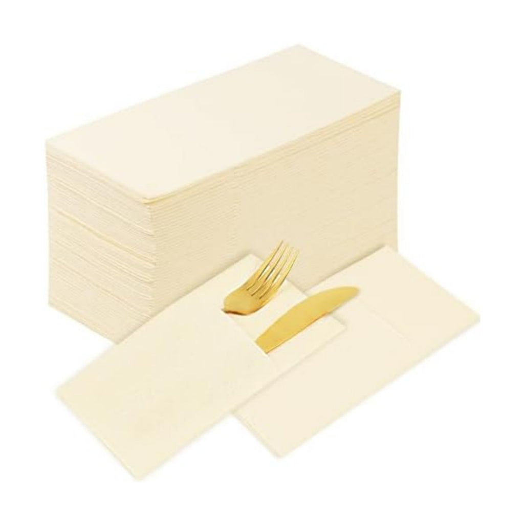 KAMMAK Dinner Napkins Disposable Beige Cloth like Paper Napkins with Pocket 100 Pack Folded Napkins Guest Hand Towel for Party Decoration, Wedding Reception, Bathroom and Kitchen (16.5 x 16.5 inch)