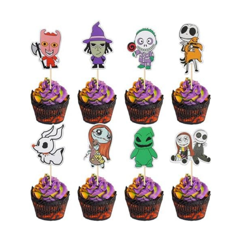 40 Pack Halloween Cupcake Toppers Skull Ghost Jack and Sally Cupcake Picks for Scary Christmas Halloween Anniversary Birthday Cake Decorations Party Supplies