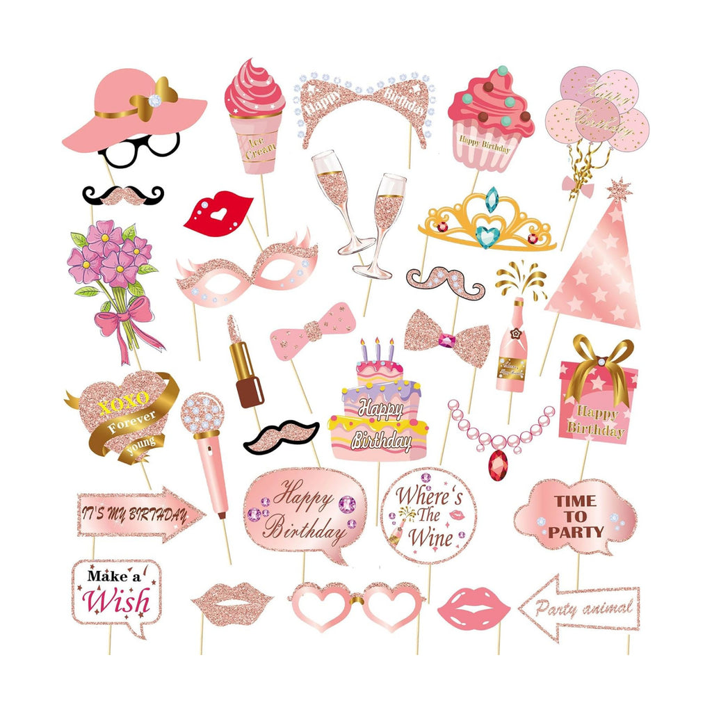 33 Pcs Rose Gold Photo Booth Props, Happy Birthday Table Centerpieces & Party Favor Supplies for Women's Birthday Celebration Decorations