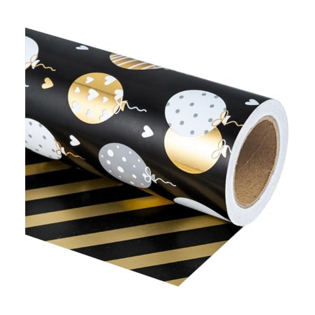 WRAPAHOLIC Reversible Birthday Wrapping Paper Roll - Mini Roll - 17 Inch X 33 Feet - Metallic Black Gold Balloon Design for Birthday, Holiday, Party, Baby Shower