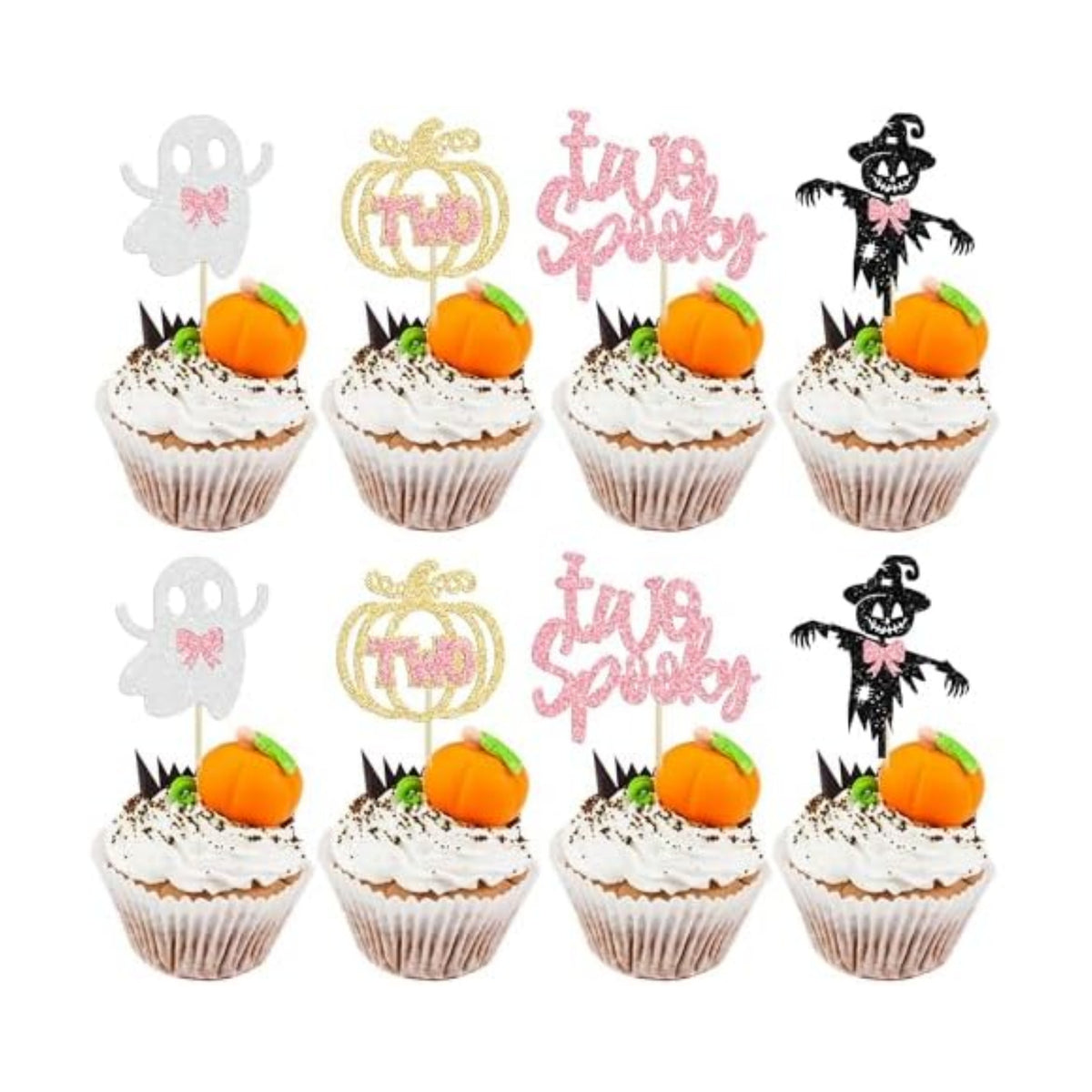 Gyufise 24 Pcs Halloween Spooky Cupcake Toppers - Pink Glitter Ghost, Pumpkin, Girl & More for Kids Birthday Party Supplies