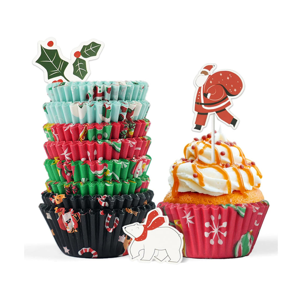 Bake Choice Standard 200 Pcs Christmas Cupcake Liners with 12 Pcs Cupcake Toppers, Christmas Muffin Liners, Baking Cups for Xmas Holiday Party Favors