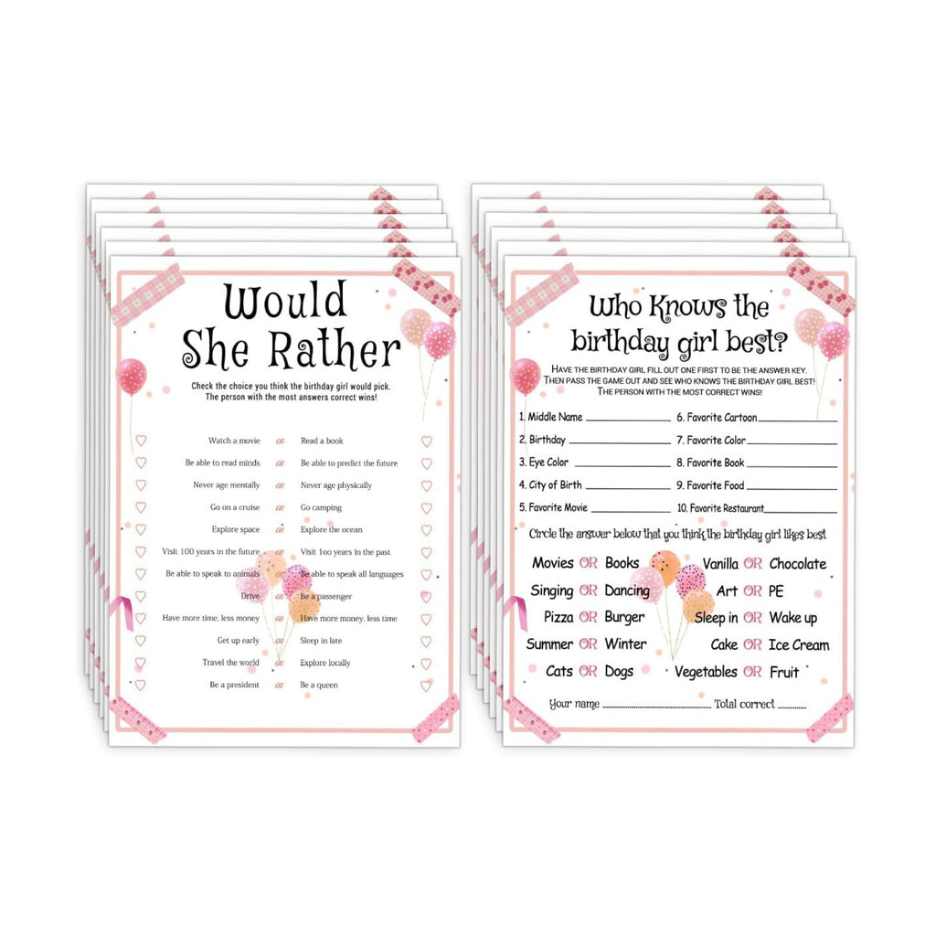 ALodr 20 Pcs Who Knows the Birthday Girl Best, Would She Rather Games for Girl Birthday Party, Funny Birthday Party Games, Double Sided, 5x7 Inches