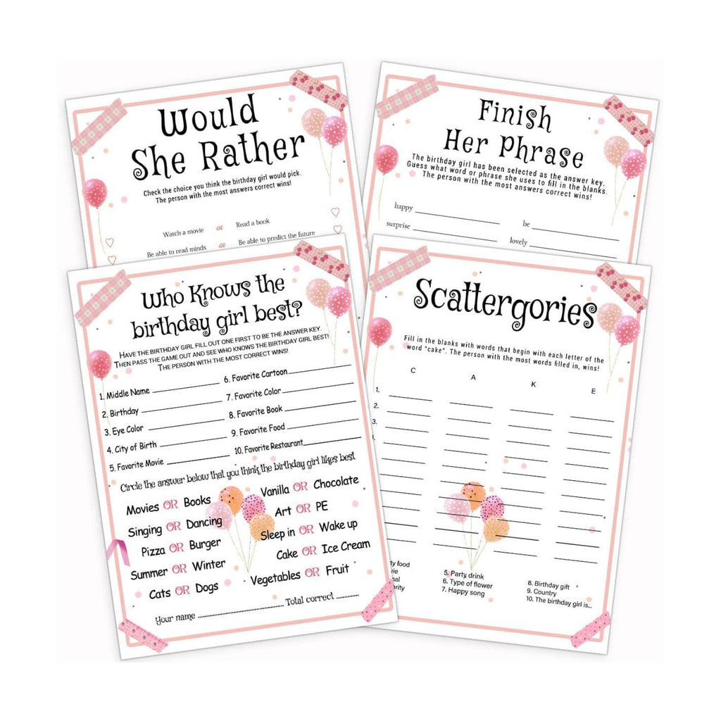 Birthday Party Games Set for Girls, Funny Girls Party Game, Girl Birthday‘s Supplies, Activity, Decorations, Includes Who Knows the Birthday Girl Best, Scattergories, 20 Double Sided Games Cards