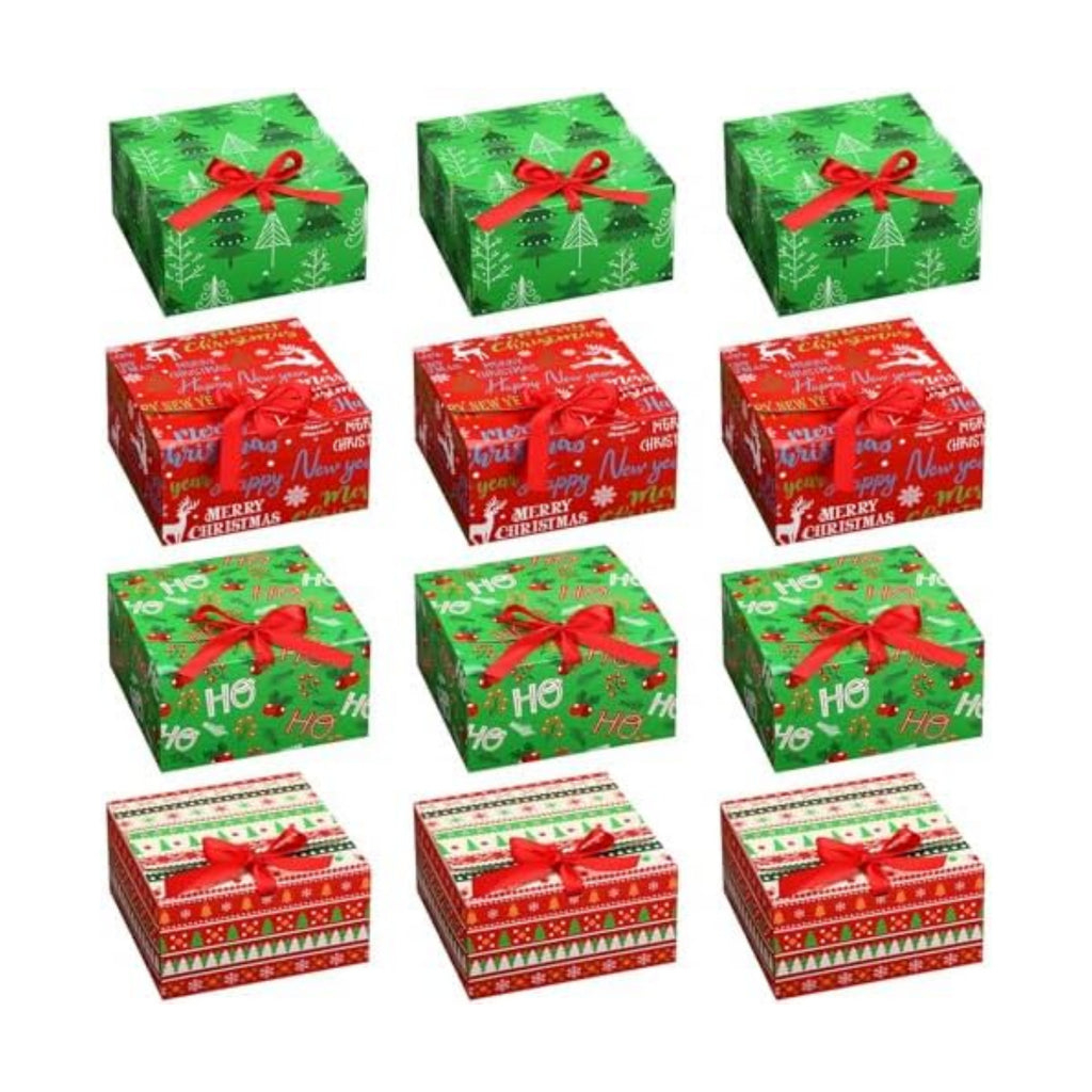 Blulu 12 Pack Christmas Gift Boxes with Lids Present Candy Cookie Boxes Christmas Gift Box with Ribbon Xmas Holiday Cupcakes Box for Pastries Donuts Treat Gifts Party Favors, 6.7 x 6.7 x 3.5 Inches