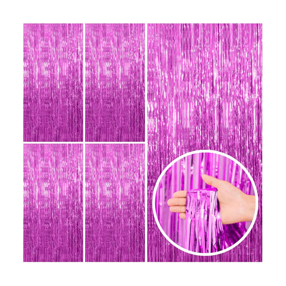 BOMSI 5 Pack Hot Pink Party Decorations - Tinsel Curtain Streamers Foil Fringe Backdrop for Birthday, Christmas, Bachelorette, Graduation, Fiesta Photo Booth