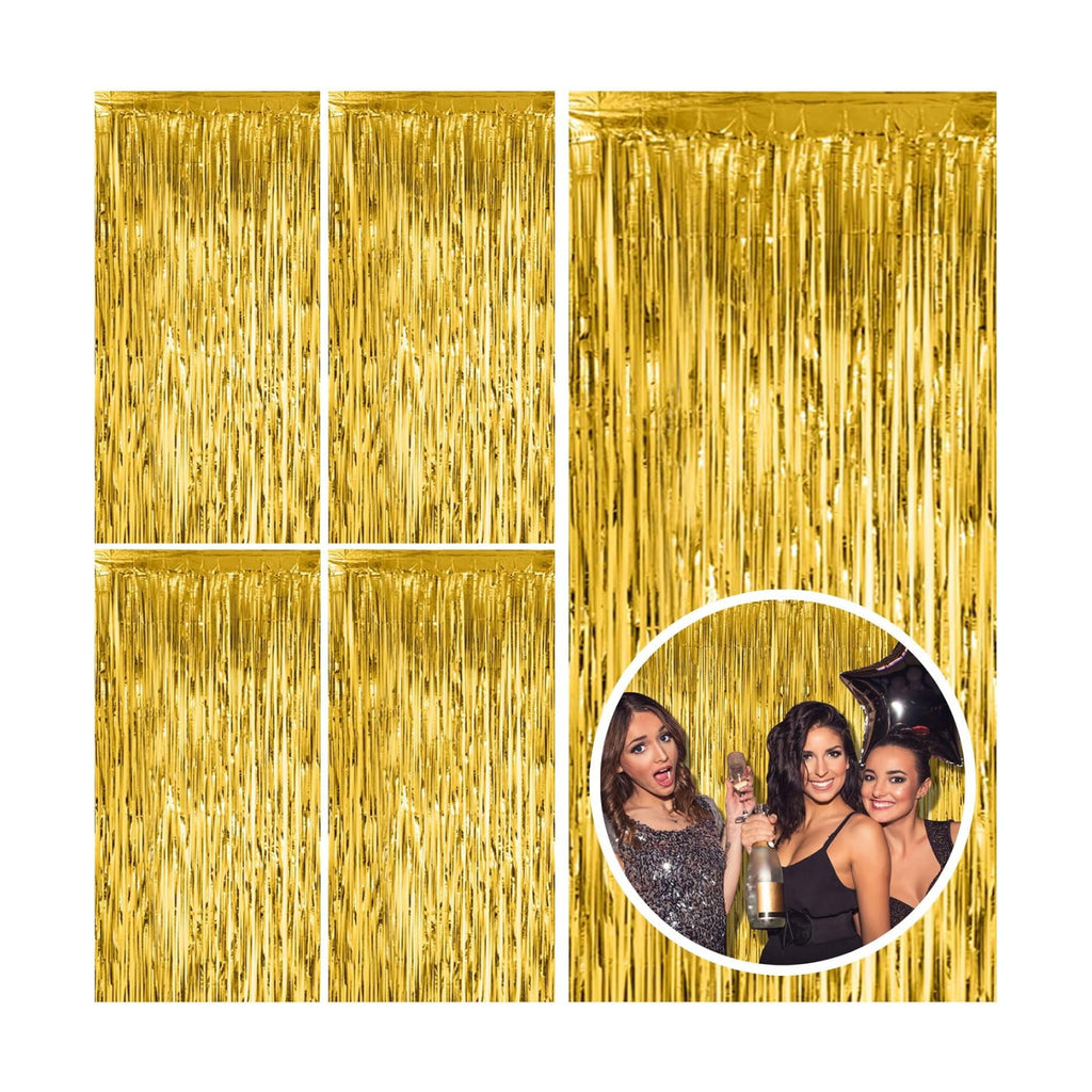 5 Pack Gold Fringe Curtain Backdrop Tinsel Streamers Birthday Party Decorations Christmas Photo Booth Backdrop Halloween New Year Graduation Baby Shower Theme Party Decorations