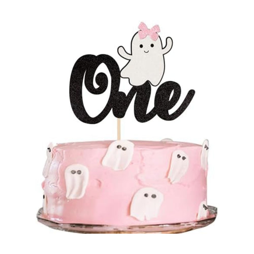 1 PCS Halloween Ghost One Cake Topper Black and Pink Glitter Baby Ghost 1st Birthday Cake Pick The Spooky One Cake Decoration for Halloween Baby Shower First Birthday Party Cake Decoration Supplies
