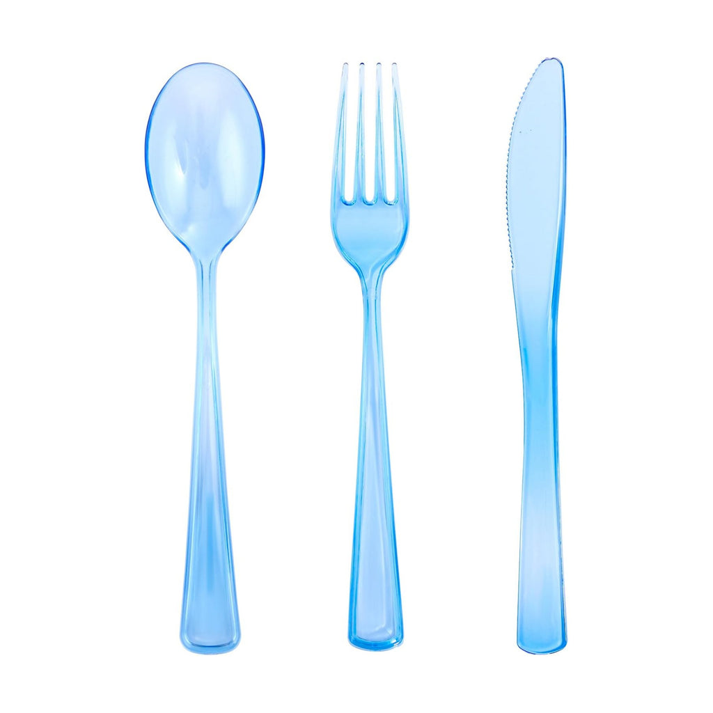 WDF 180 Pieces Blue Plastic Silverware Disposable - Clear Blue Cutlery Sets 60 Forks, 60 Knives and 60 Spoons - Heavy Duty Utensils for Party, Wedding, Graduation