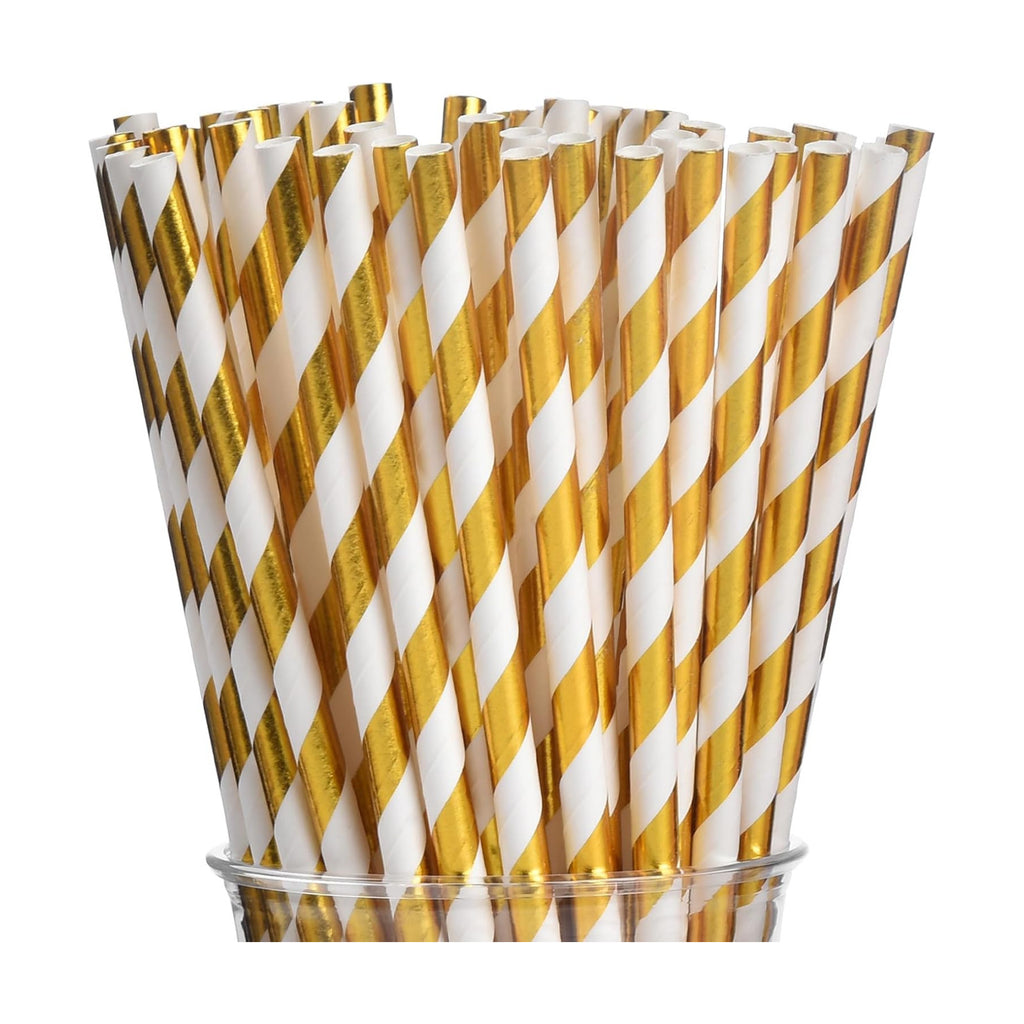 ALINK 100 White and Gold Striped Paper Straws, Biodegradable Disposable Drinking Straws for Birthday, Bridal/Baby Shower, Christmas, New Year, Party Decoration Supplies