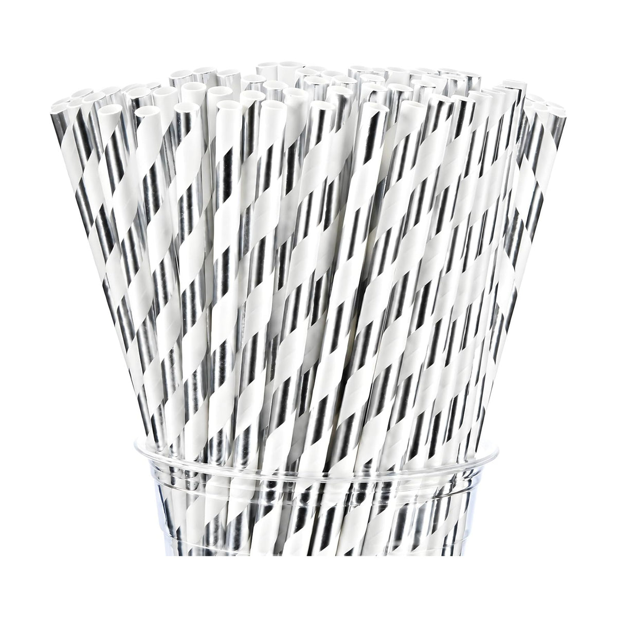 ALINK Silver Foil Striped Paper Straws, 100 Pack Party Straws, 7.75 Inch