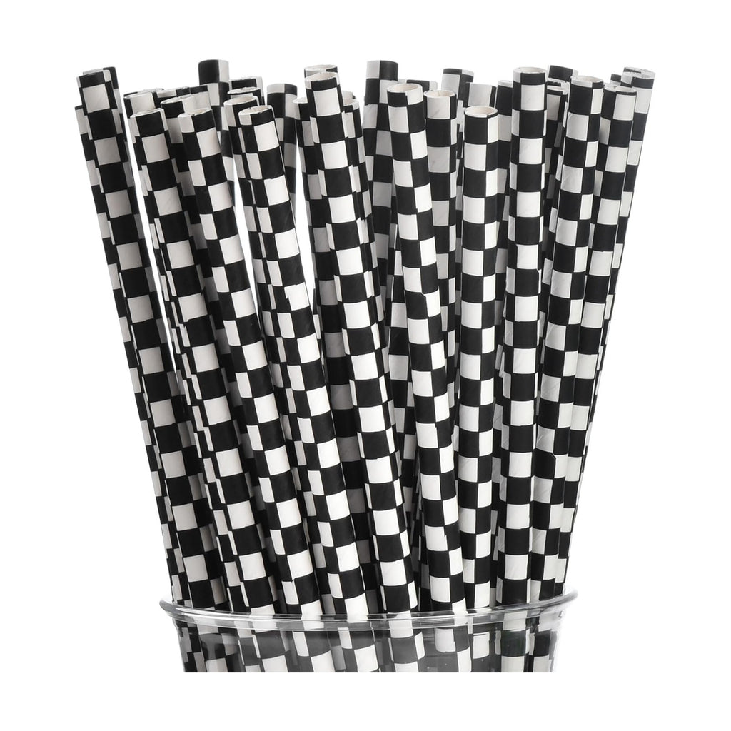 ALINK 100 Black and White Checkered Racing Paper Straws, Biodegradable Disposable Drinking Straws for Brithday, New Year, Party Decoration Supplies