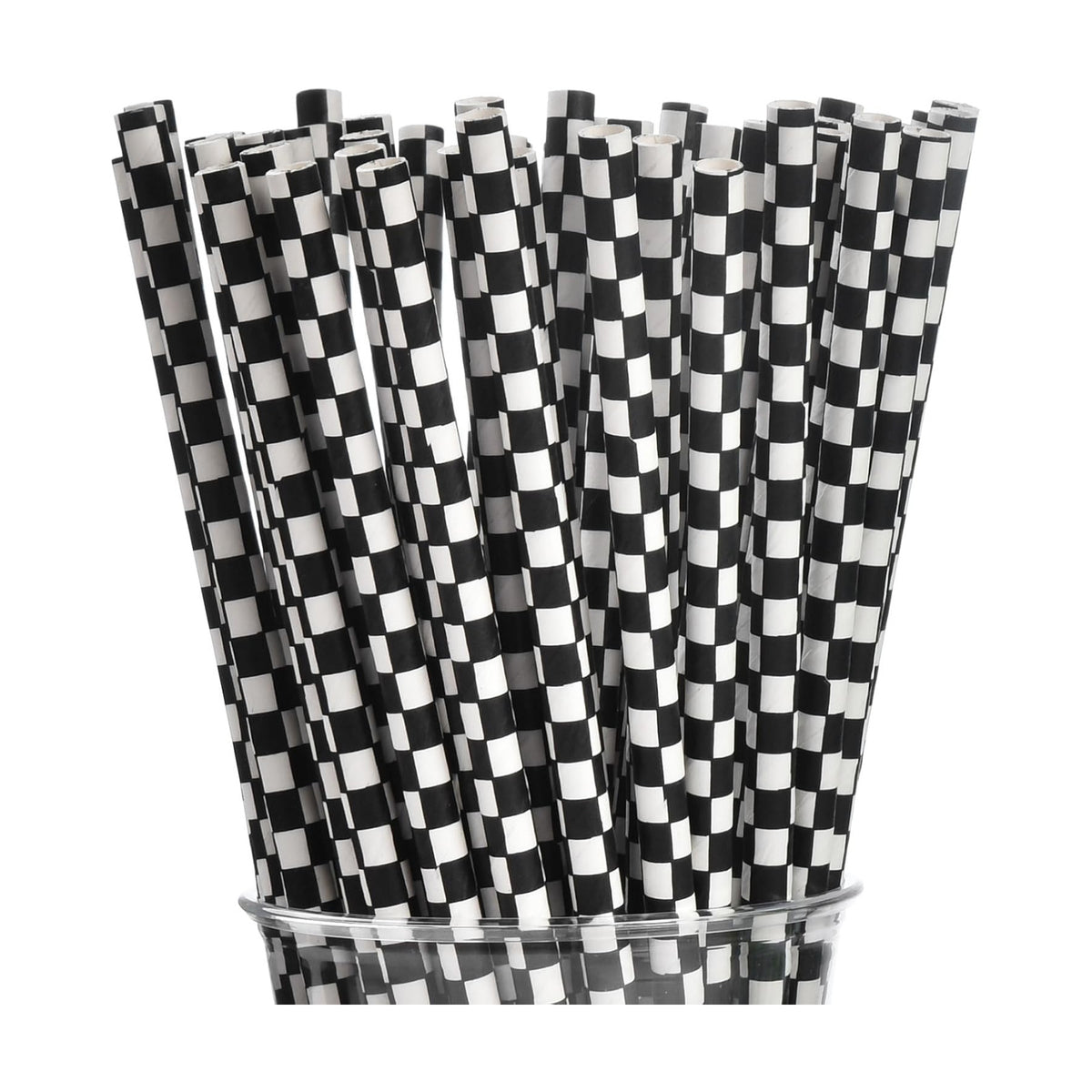 ALINK 100 Black and White Checkered Racing Paper Straws, Biodegradable Disposable Drinking Straws for Brithday, New Year, Party Decoration Supplies