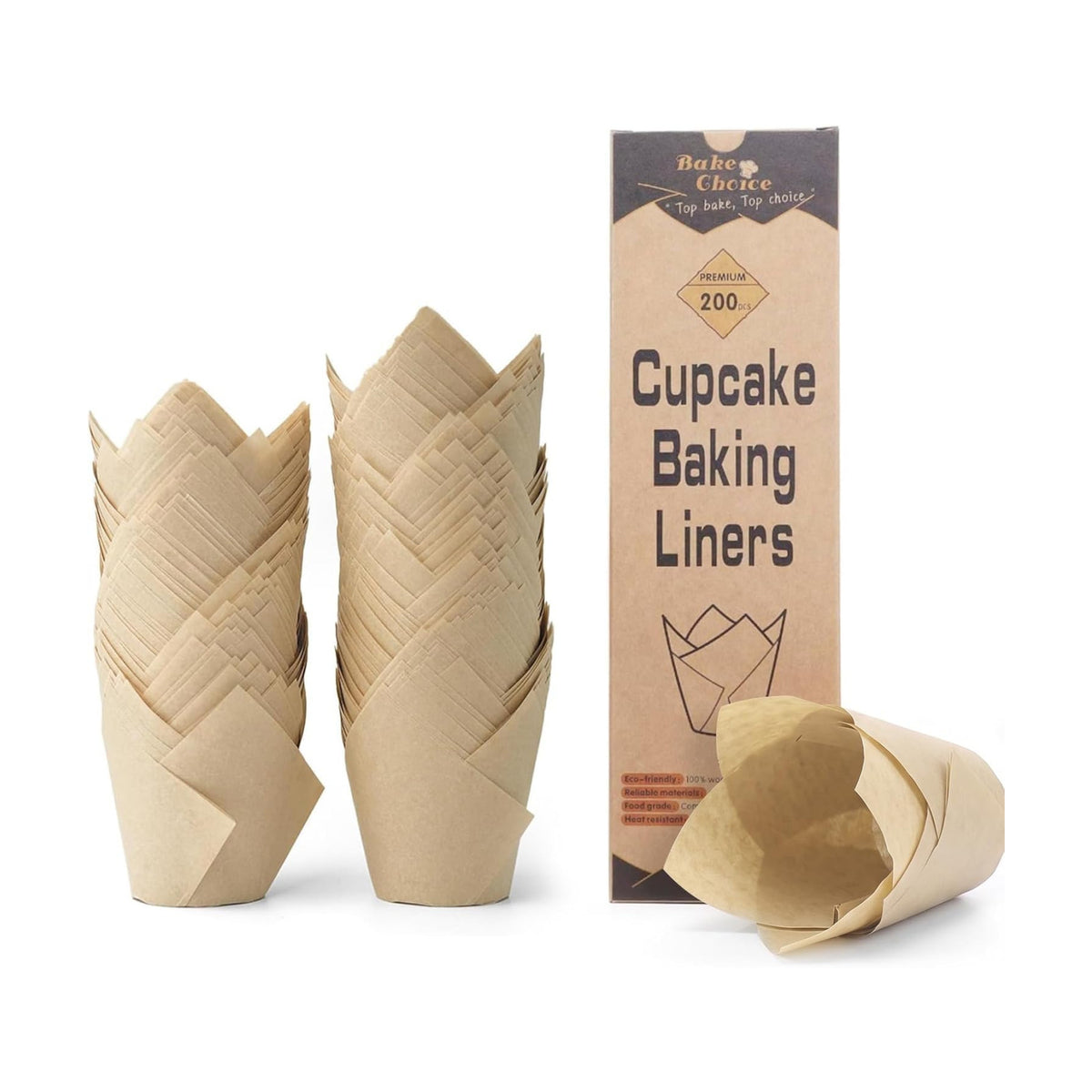 Bake Choice 200pcs Natural Tulip Cupcake Liners for Baking, EU 75GSM Paper
