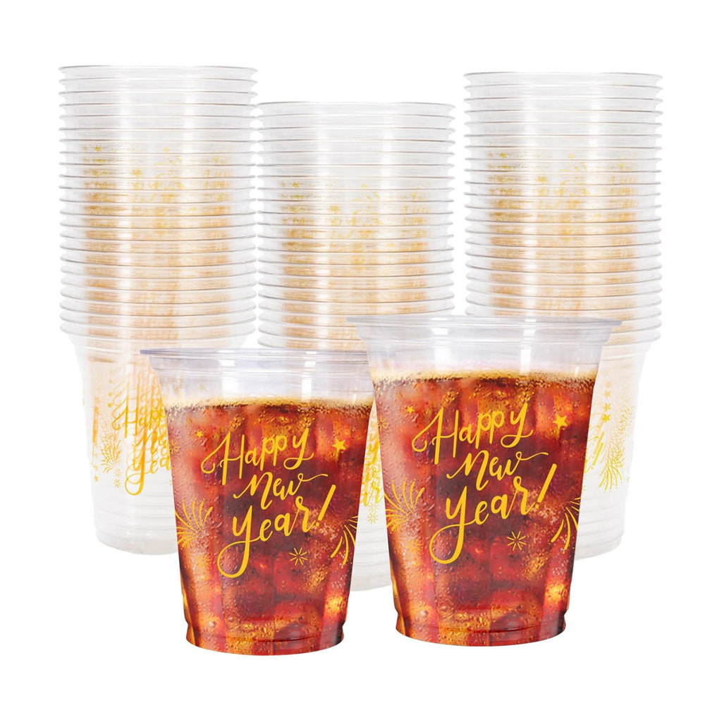 Whaline 50Pcs 12oz Happy New Year Disposable Cups Gold Plastic Party Cups New Year Eve Clear Plastic Glasses for Winter Holiday Drinks Party Supplies