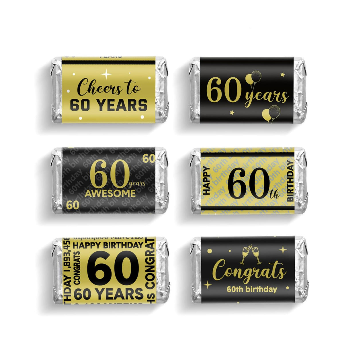 Tenare 90 Pcs 60th Birthday Candy Wrappers, Black and Gold Stickers