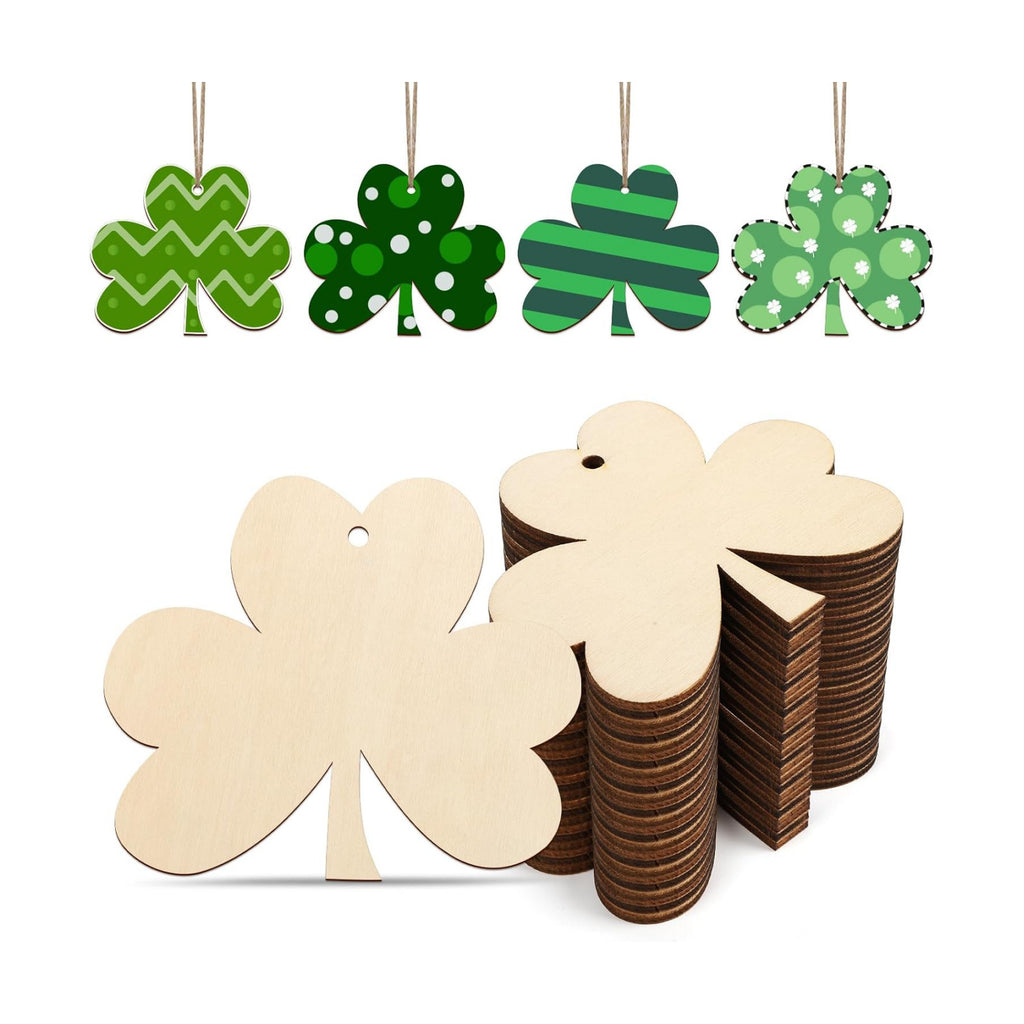 Wooden Shamrock Ornaments to Paint St. Patrick's Day Decoration Cutouts Unfinished 24PCS 3.5 x 3 inches, DIY Blank Unfinished Wood Discs Ornament for Home Farmhouse Crafts Hanging Spring Decorations