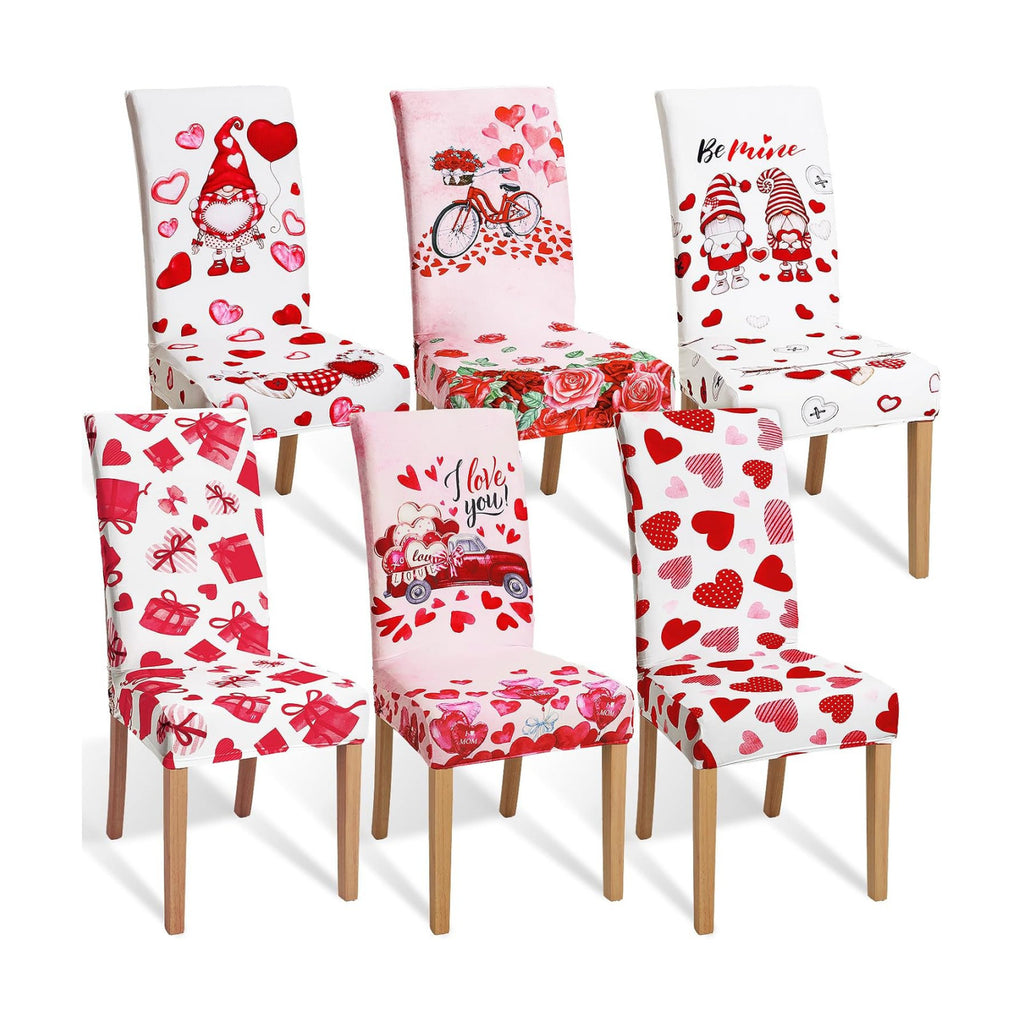 Hosuly 6 Pcs Valentine's Day Chair Covers Valentine's Day Print Red Pink Heart Gnome Truck Removable Seat Covers for Home Restaurant Decor or Hotel Restaurant Party Banquet