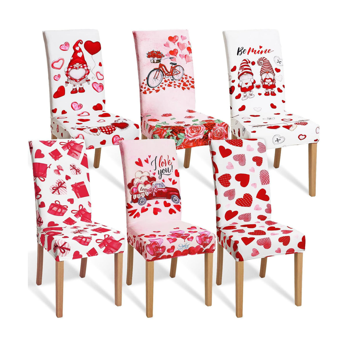 Hosuly 6 Pcs Valentine's Day Chair Covers Valentine's Day Print Red Pink Heart Gnome Truck Removable Seat Covers for Home Restaurant Decor or Hotel Restaurant Party Banquet