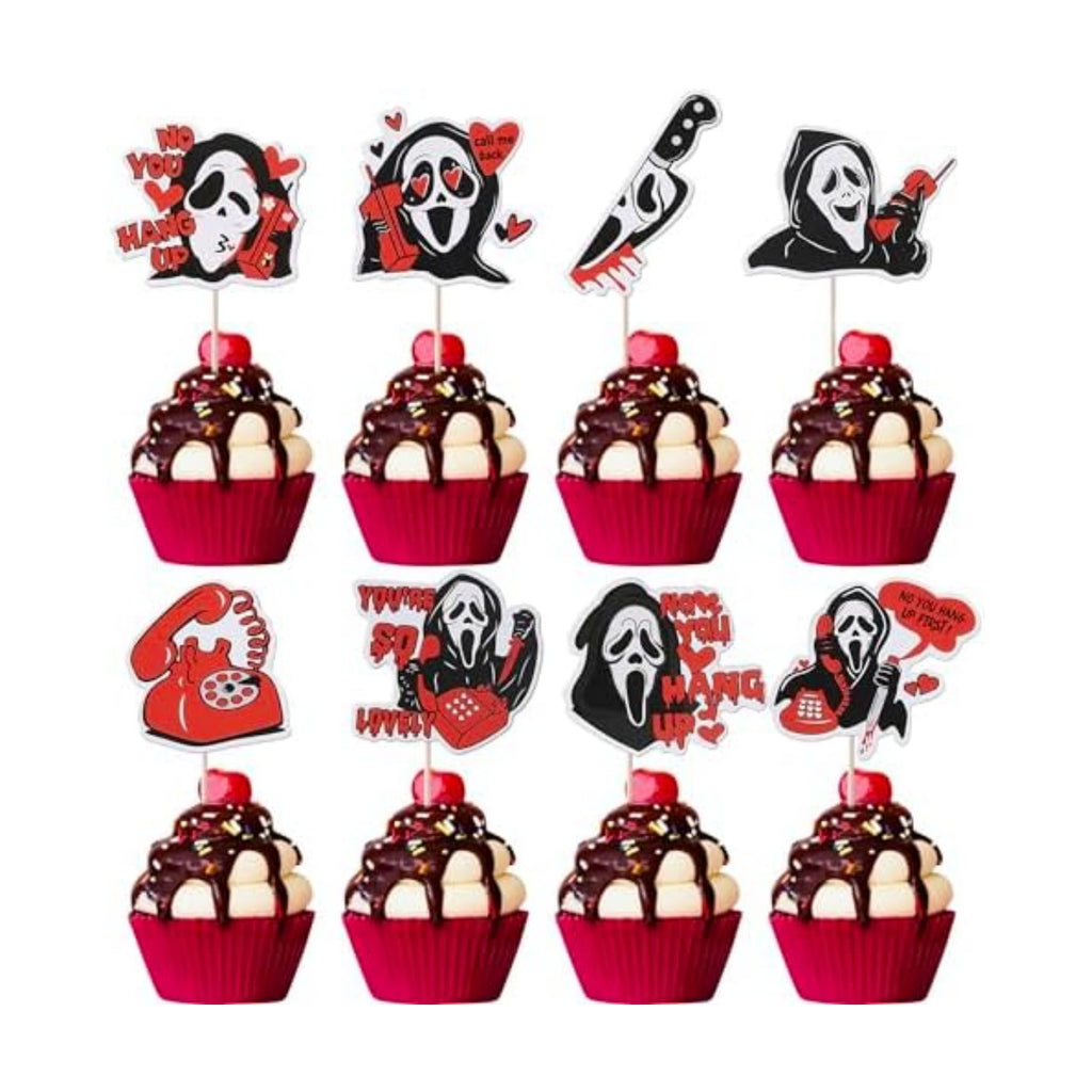 Rsstarxi 40 Pack Horror Movie Scam Cupcake Toppers Telephone No You Hang Up Killer Birthday Cupcake Toothpicks for Halloween Horror Movie Theme Birthday Party Cake Decorations Red