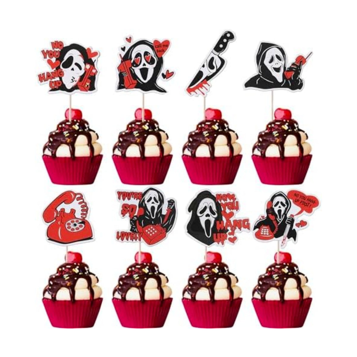 Rsstarxi 40 Pack Horror Movie Scam Cupcake Toppers Telephone No You Hang Up Killer Birthday Cupcake Toothpicks for Halloween Horror Movie Theme Birthday Party Cake Decorations Red