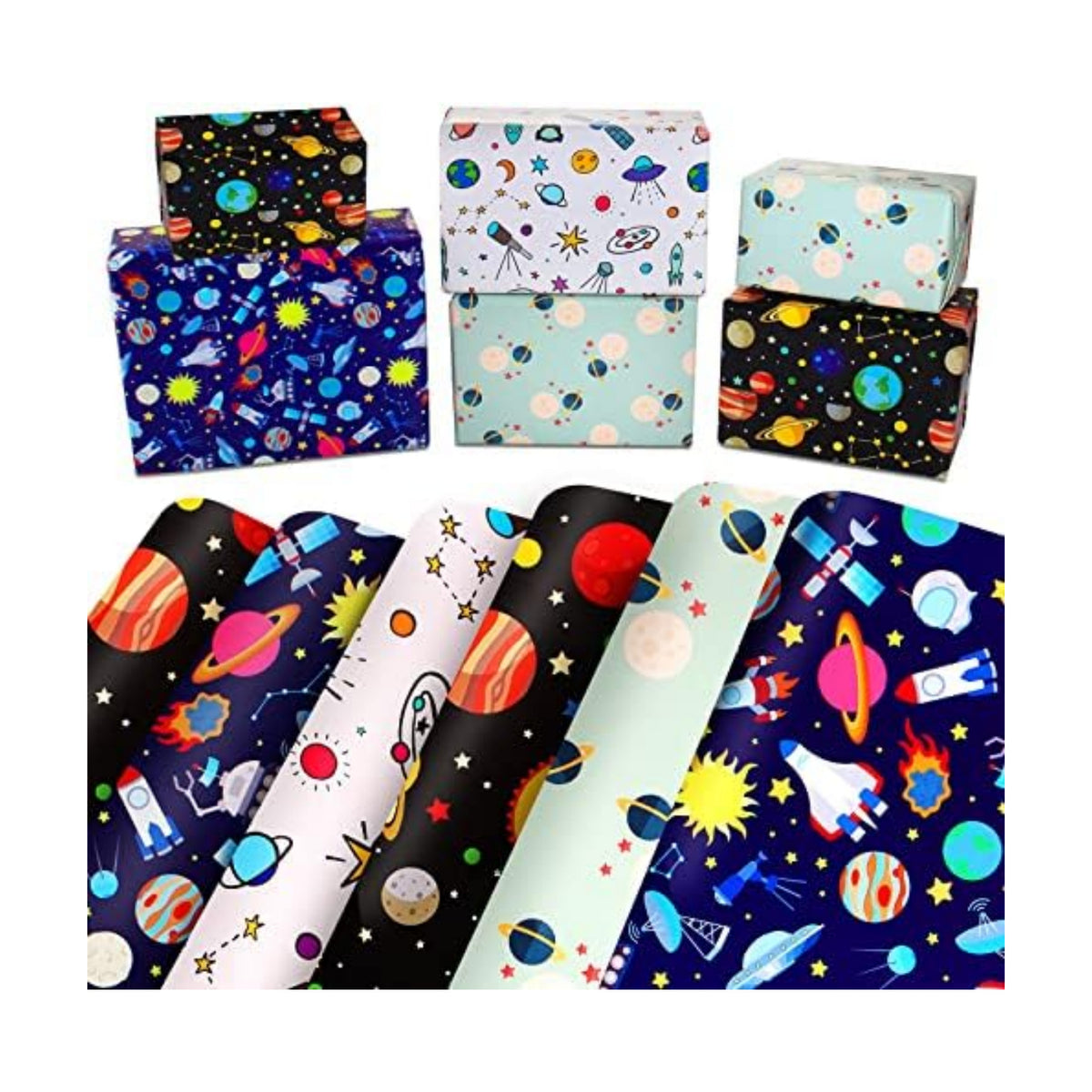 Space Wrapping Paper Birthday Wrapping Paper for Boys Girls,Gift Wrapping Paper Kids with Blue White Navy Birthday Paper for Present Wrapping Paper Sheets with Galaxy Spaceship Birthday Gift Wrap Set (6 Sheets 28"Lx20"W per Sheet)