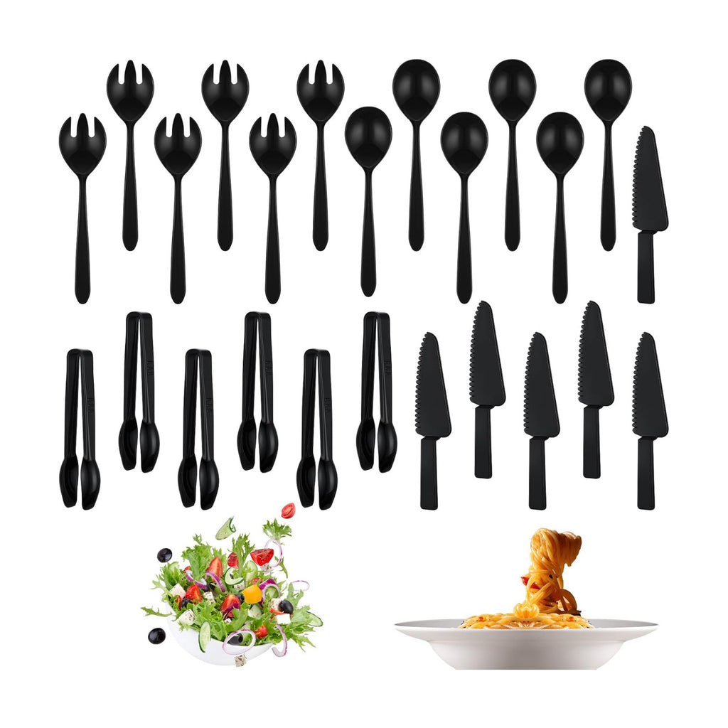 24 Pcs Disposable Plastic Serving Utensils Set Spoons Forks, Black