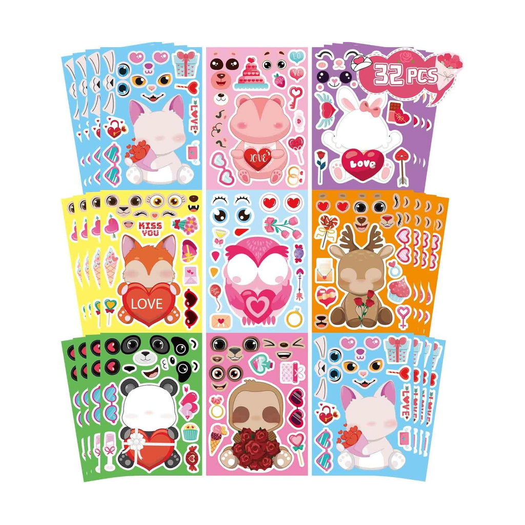 32 Sheets Valentine Stickers for Kids, Valentine's Day Make a Face Stickers, Make Your Own Stickers 8 Designs of Animal Owl Rabbit Bear Stickers for Boys Girls