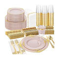 Nervure 350Pcs Pink Plastic Plates, Plastic Dinnerware Set for 50 Guests